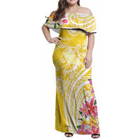 Aloha Oahu Island Personalized Family Matching Off Shoulder Maxi Dress and Hawaiian Shirt Yellow Dreamy Turtle