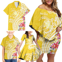 Aloha Oahu Island Personalized Family Matching Off Shoulder Short Dress and Hawaiian Shirt Yellow Dreamy Turtle
