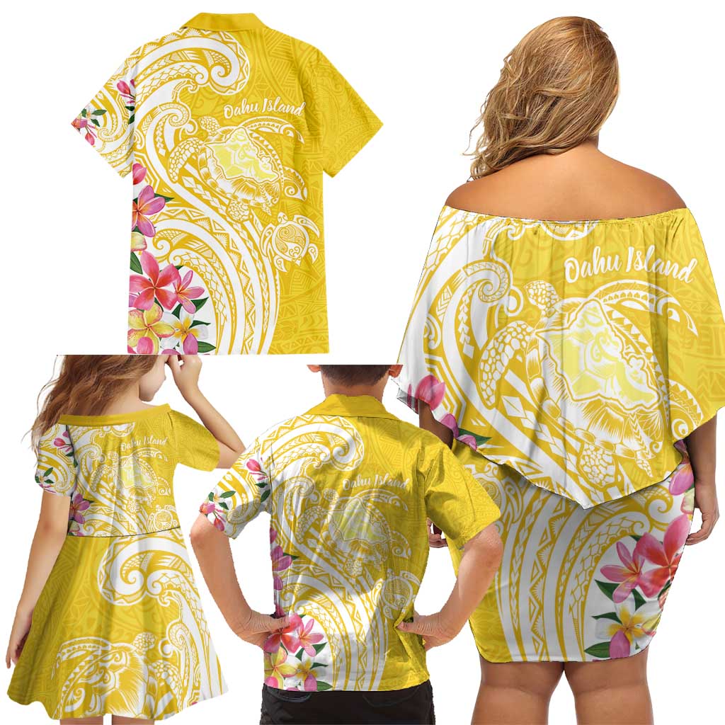Aloha Oahu Island Personalized Family Matching Off Shoulder Short Dress and Hawaiian Shirt Yellow Dreamy Turtle