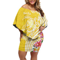Aloha Oahu Island Personalized Family Matching Off Shoulder Short Dress and Hawaiian Shirt Yellow Dreamy Turtle