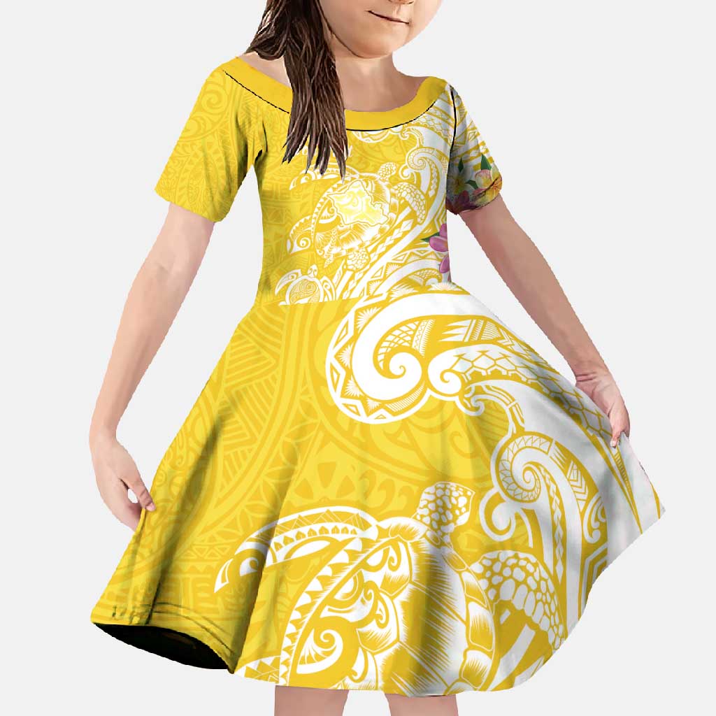 Aloha Oahu Island Personalized Family Matching Summer Maxi Dress and Hawaiian Shirt Yellow Dreamy Turtle