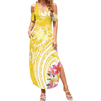 Aloha Oahu Island Personalized Family Matching Summer Maxi Dress and Hawaiian Shirt Yellow Dreamy Turtle