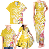 Aloha Oahu Island Personalized Family Matching Tank Maxi Dress and Hawaiian Shirt Yellow Dreamy Turtle