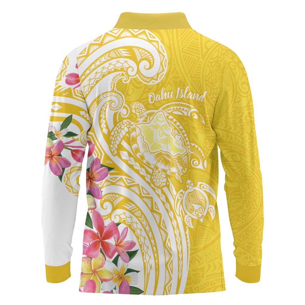 Aloha Oahu Island Personalized Long Sleeve Polo Shirt Yellow Dreamy Turtle