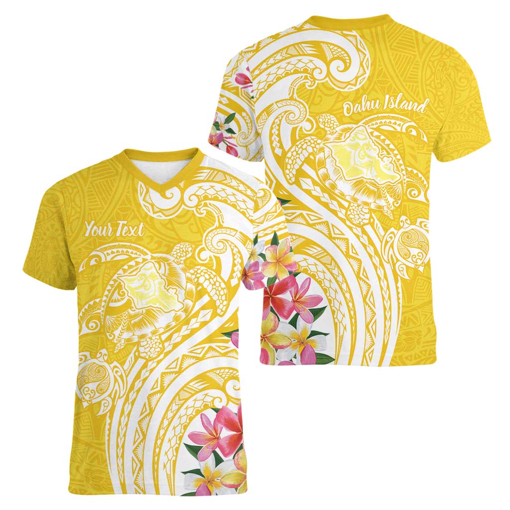 Aloha Oahu Island Personalized Women V-Neck T-Shirt Yellow Dreamy Turtle
