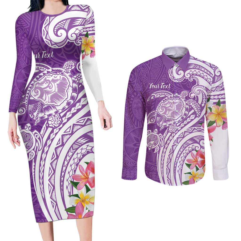 Aloha Kauai Island Personalized Couples Matching Long Sleeve Bodycon Dress and Long Sleeve Button Shirt Lilac Dreamy Turtle