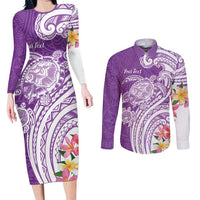 Aloha Kauai Island Personalized Couples Matching Long Sleeve Bodycon Dress and Long Sleeve Button Shirt Lilac Dreamy Turtle