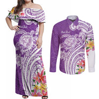 Aloha Kauai Island Personalized Couples Matching Off Shoulder Maxi Dress and Long Sleeve Button Shirt Lilac Dreamy Turtle