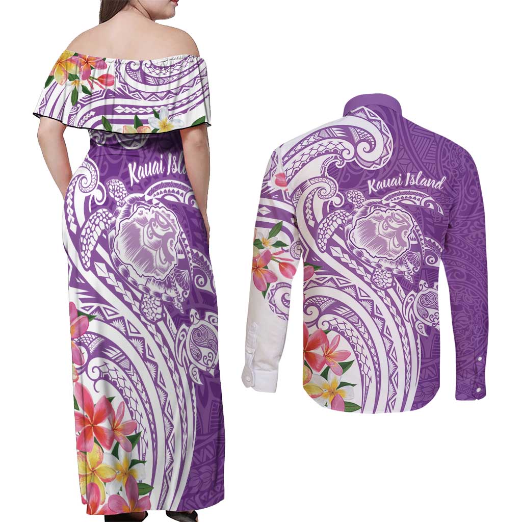 Aloha Kauai Island Personalized Couples Matching Off Shoulder Maxi Dress and Long Sleeve Button Shirt Lilac Dreamy Turtle