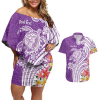 Aloha Kauai Island Personalized Couples Matching Off Shoulder Short Dress and Hawaiian Shirt Lilac Dreamy Turtle