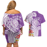 Aloha Kauai Island Personalized Couples Matching Off Shoulder Short Dress and Hawaiian Shirt Lilac Dreamy Turtle