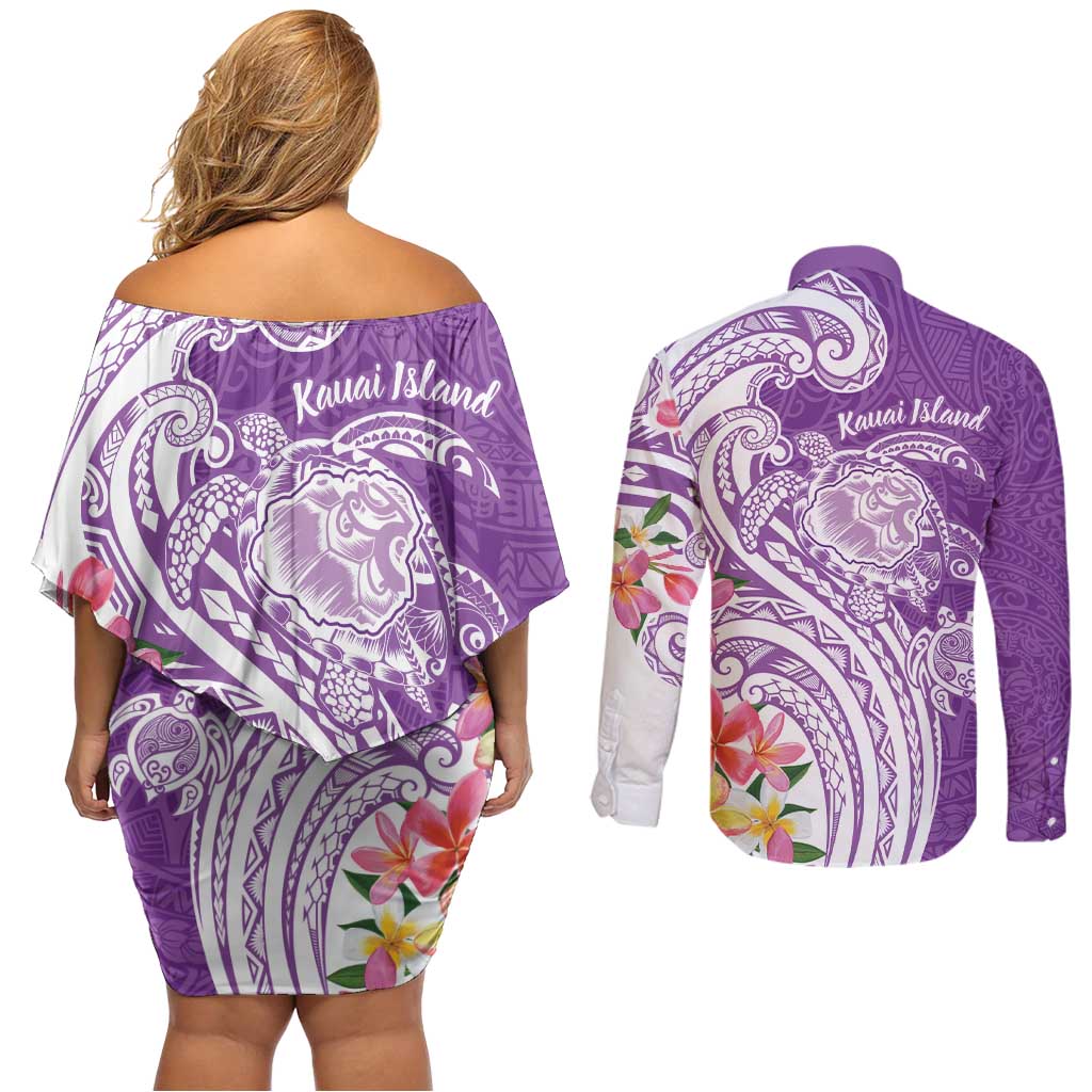Aloha Kauai Island Personalized Couples Matching Off Shoulder Short Dress and Long Sleeve Button Shirt Lilac Dreamy Turtle LT7 - Polynesian Pride