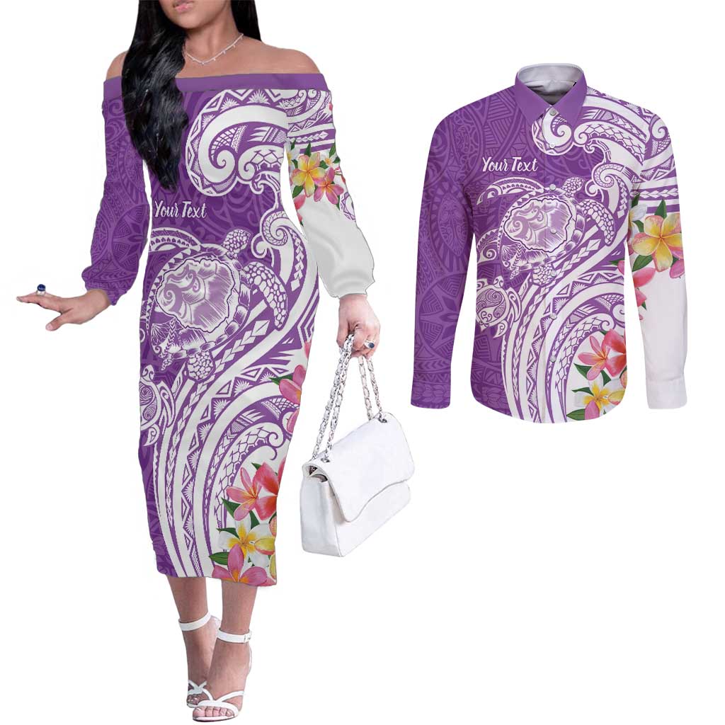 Aloha Kauai Island Personalized Couples Matching Off The Shoulder Long Sleeve Dress and Long Sleeve Button Shirt Lilac Dreamy Turtle