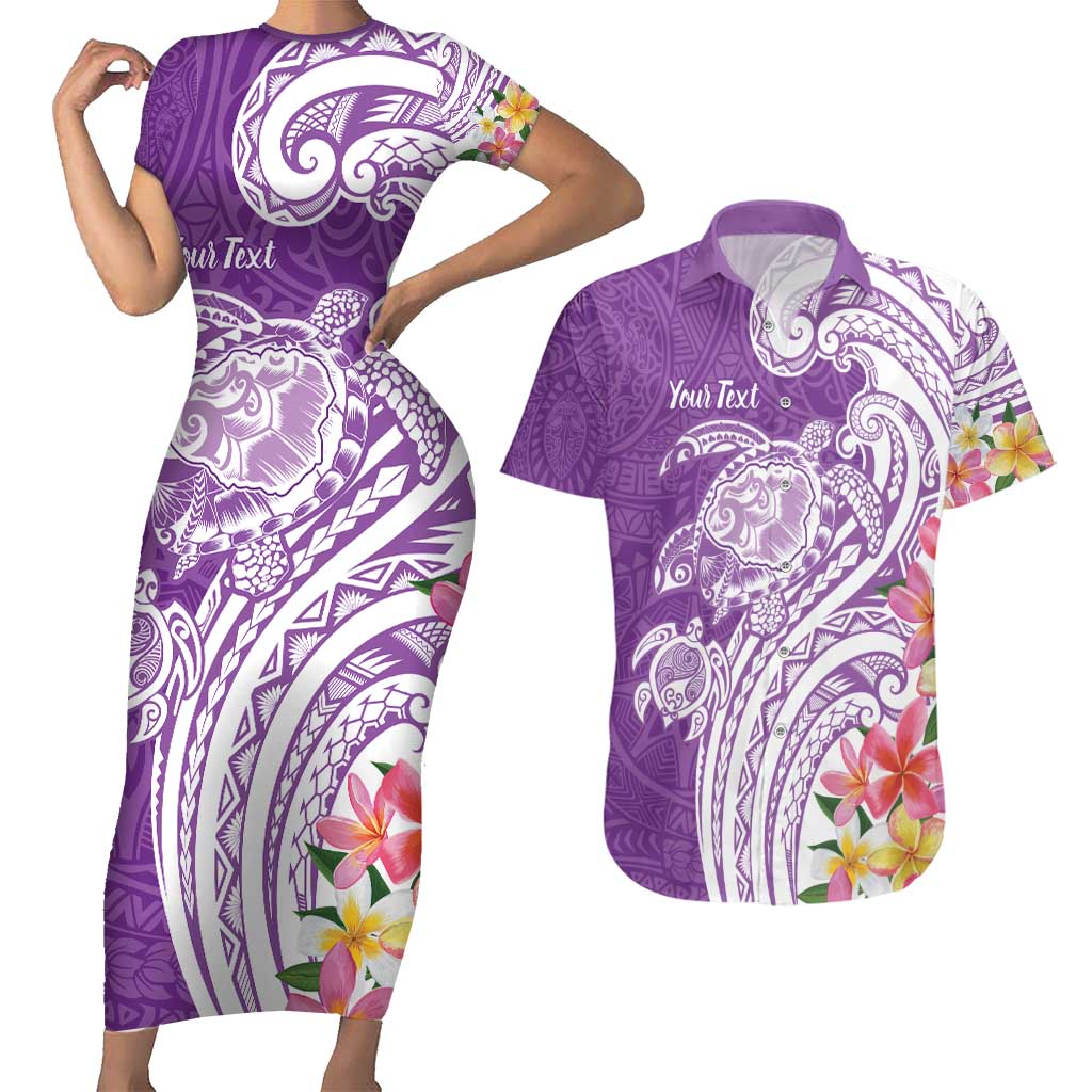 Aloha Kauai Island Personalized Couples Matching Short Sleeve Bodycon Dress and Hawaiian Shirt Lilac Dreamy Turtle