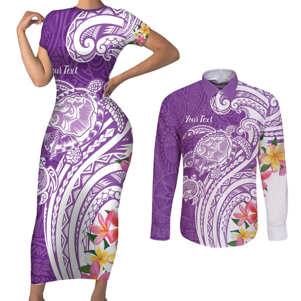 Aloha Kauai Island Personalized Couples Matching Short Sleeve Bodycon Dress and Long Sleeve Button Shirt Lilac Dreamy Turtle
