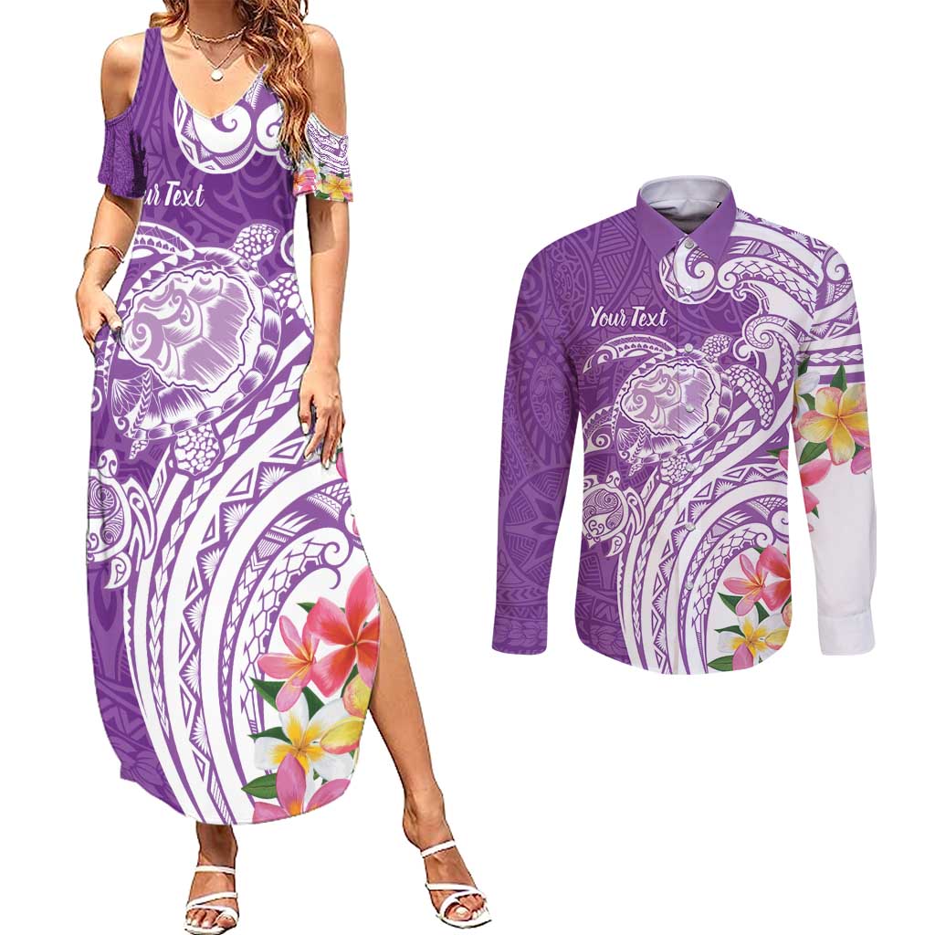 Aloha Kauai Island Personalized Couples Matching Summer Maxi Dress and Long Sleeve Button Shirt Lilac Dreamy Turtle