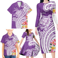 Aloha Kauai Island Personalized Family Matching Long Sleeve Bodycon Dress and Hawaiian Shirt Lilac Dreamy Turtle