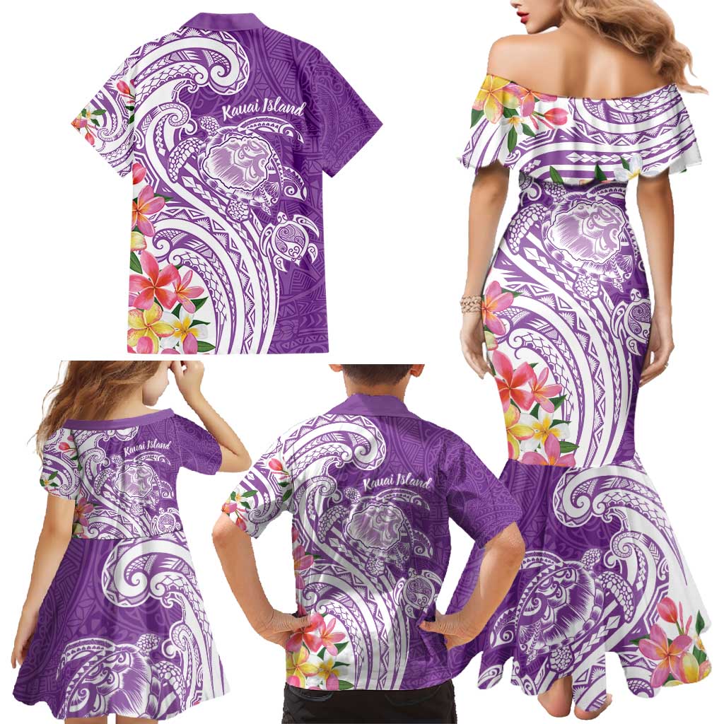 Aloha Kauai Island Personalized Family Matching Mermaid Dress and Hawaiian Shirt Lilac Dreamy Turtle