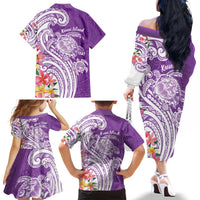Aloha Kauai Island Personalized Family Matching Off The Shoulder Long Sleeve Dress and Hawaiian Shirt Lilac Dreamy Turtle