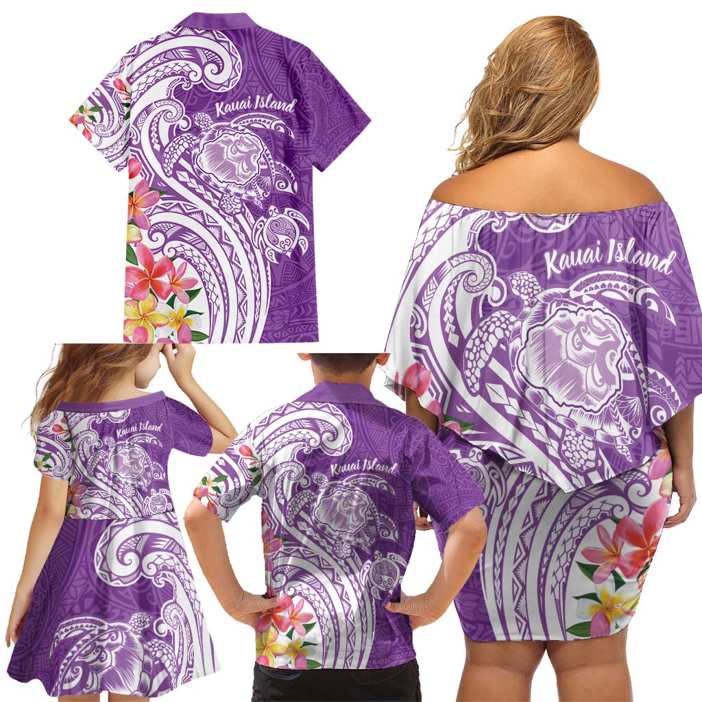 Aloha Kauai Island Personalized Family Matching Off Shoulder Short Dress and Hawaiian Shirt Lilac Dreamy Turtle