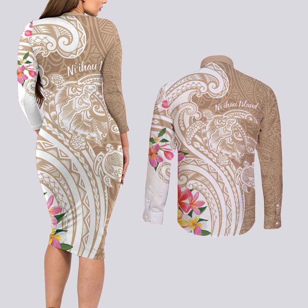 Aloha Ni’ihau Island Personalized Couples Matching Long Sleeve Bodycon Dress and Long Sleeve Button Shirt Beige Dreamy Turtle