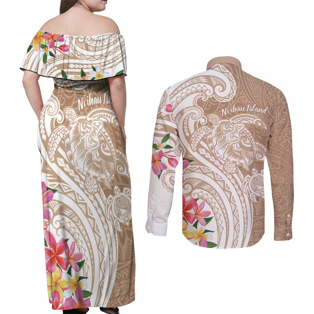 Aloha Ni’ihau Island Personalized Couples Matching Off Shoulder Maxi Dress and Long Sleeve Button Shirt Beige Dreamy Turtle