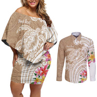 Aloha Ni’ihau Island Personalized Couples Matching Off Shoulder Short Dress and Long Sleeve Button Shirt Beige Dreamy Turtle