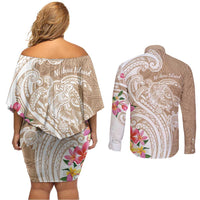 Aloha Ni’ihau Island Personalized Couples Matching Off Shoulder Short Dress and Long Sleeve Button Shirt Beige Dreamy Turtle