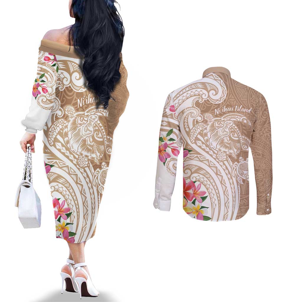 Aloha Ni’ihau Island Personalized Couples Matching Off The Shoulder Long Sleeve Dress and Long Sleeve Button Shirt Beige Dreamy Turtle