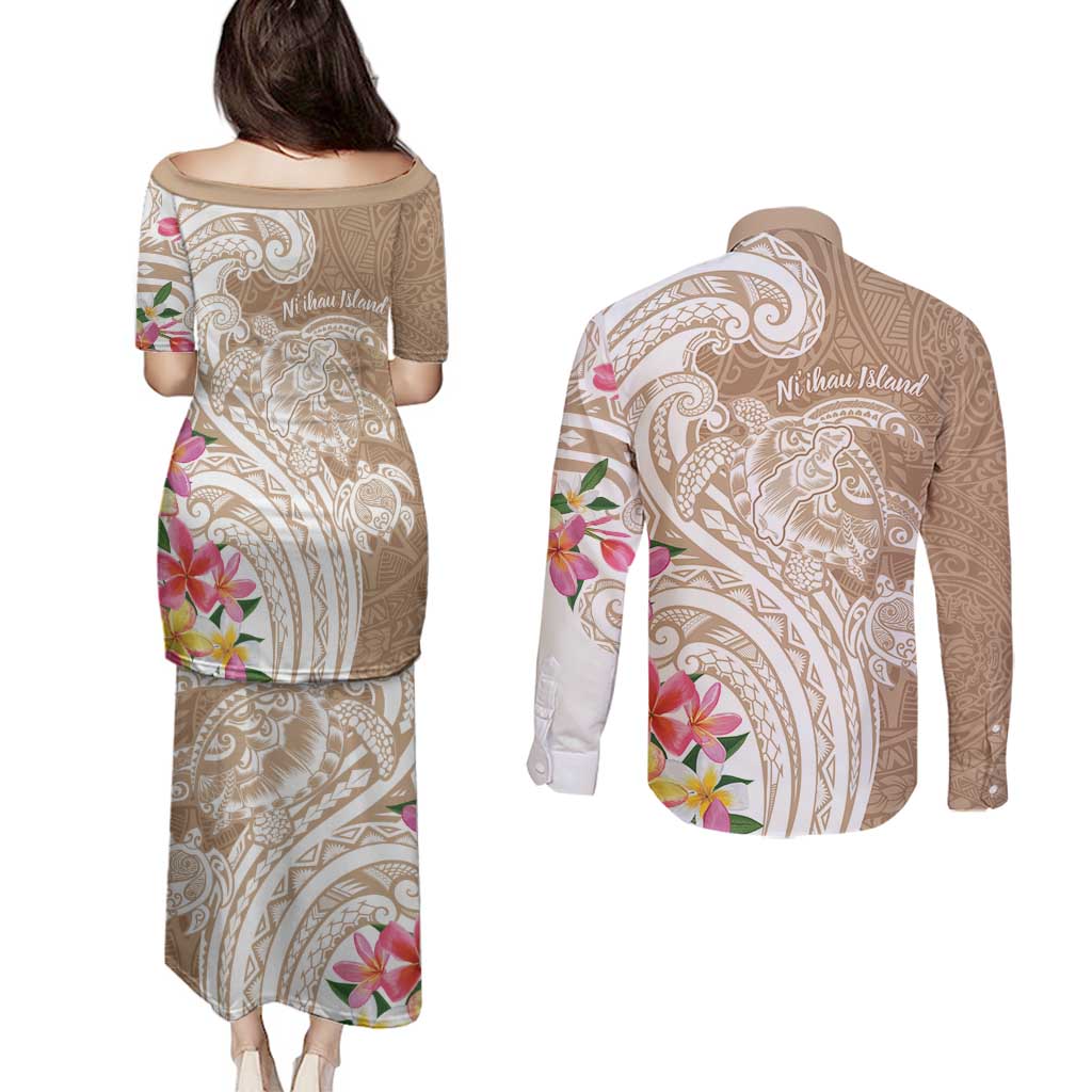 Aloha Ni’ihau Island Personalized Couples Matching Puletasi and Long Sleeve Button Shirt Beige Dreamy Turtle