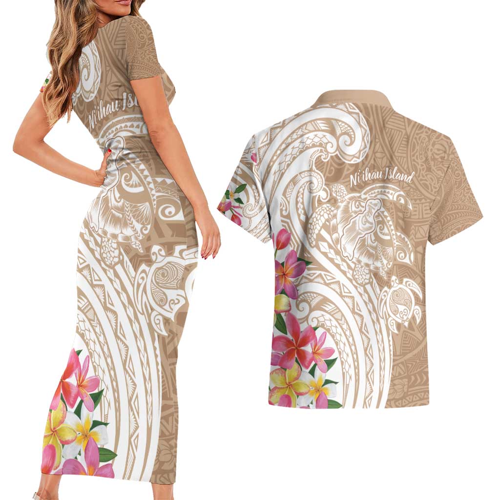 Aloha Ni’ihau Island Personalized Couples Matching Short Sleeve Bodycon Dress and Hawaiian Shirt Beige Dreamy Turtle