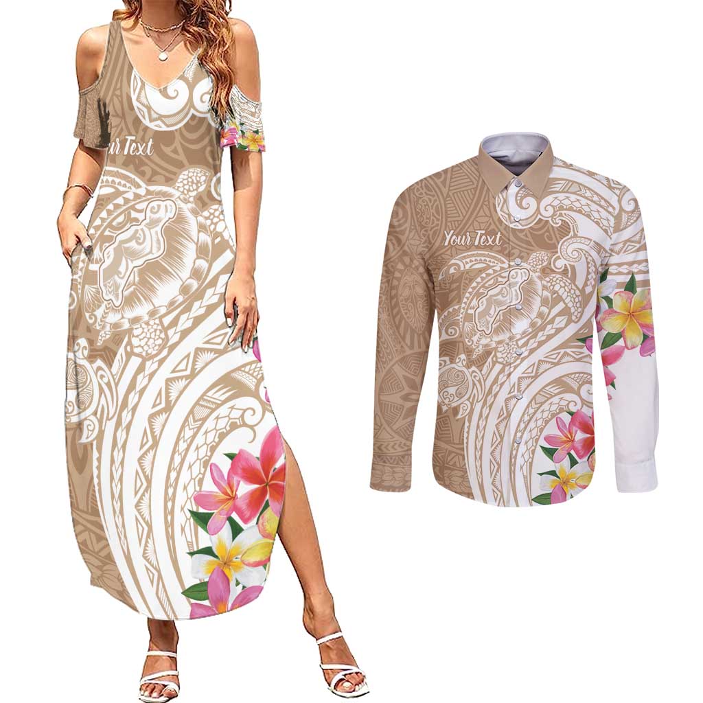 Aloha Ni’ihau Island Personalized Couples Matching Summer Maxi Dress and Long Sleeve Button Shirt Beige Dreamy Turtle