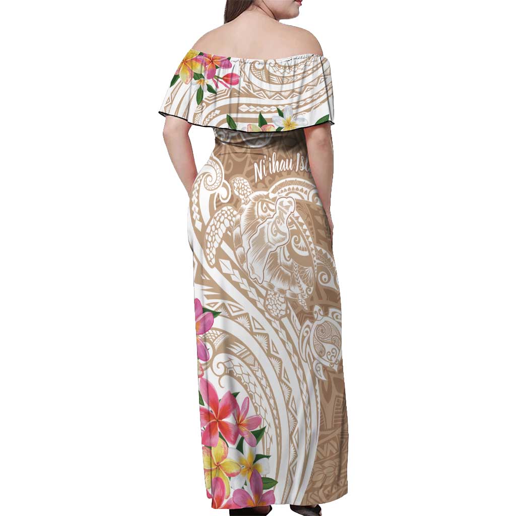 Aloha Ni’ihau Island Personalized Off Shoulder Maxi Dress Beige Dreamy Turtle