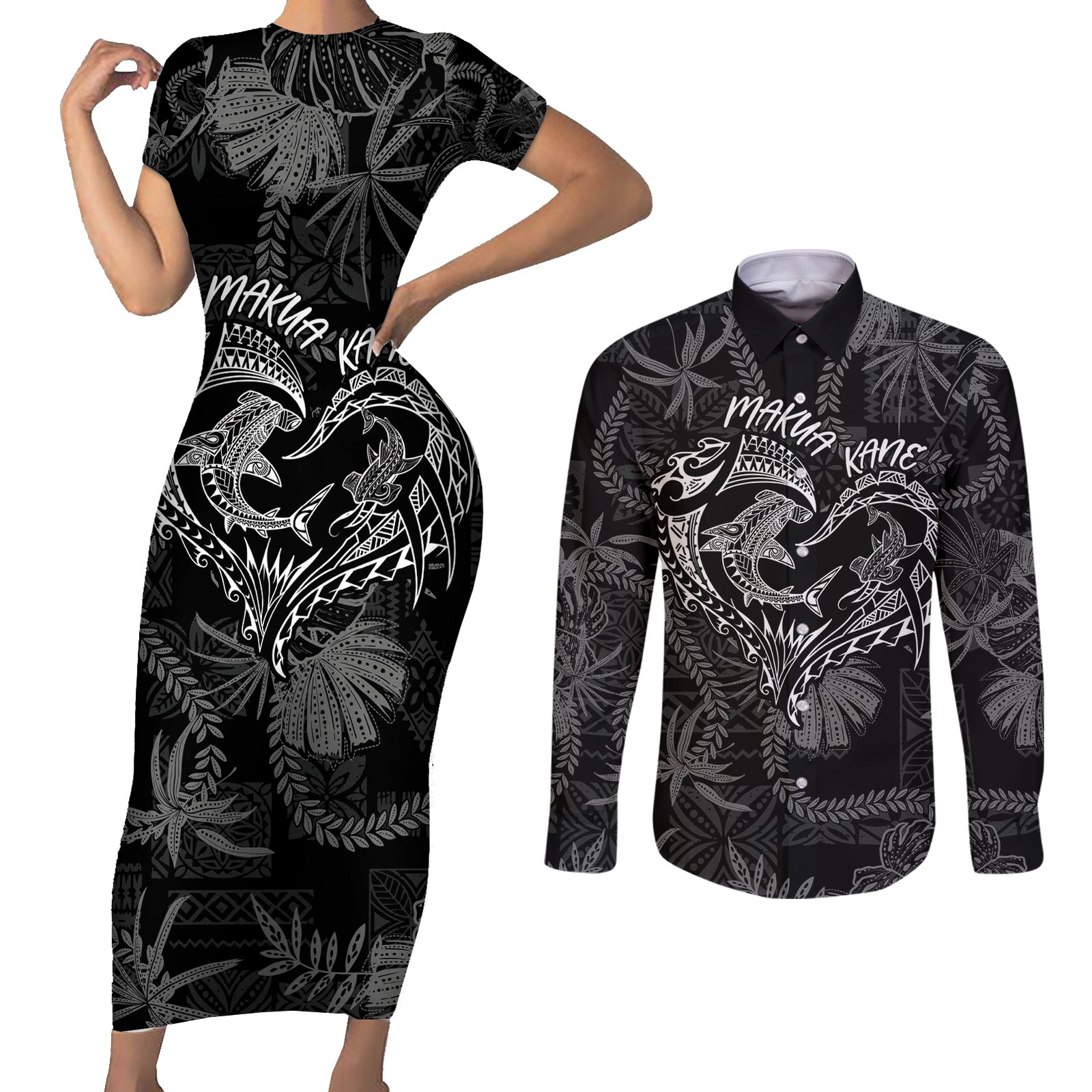 Hawaii Father's Day Vintage Lei Couples Matching Short Sleeve Bodycon Dress and Long Sleeve Button Shirt Hauoli la Makuakane - Black LT7 Black - Polynesian Pride