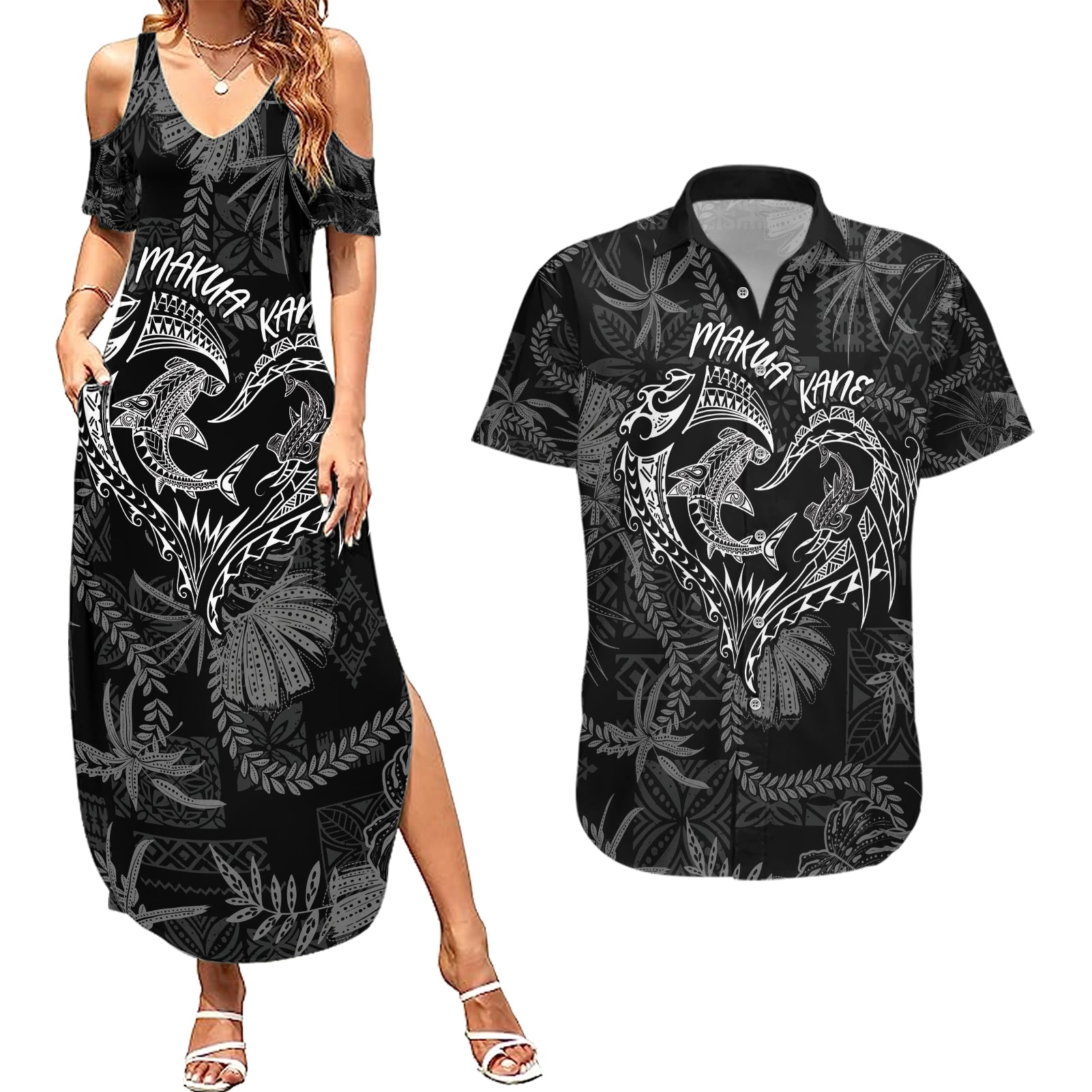 Hawaii Father's Day Vintage Lei Couples Matching Summer Maxi Dress and Hawaiian Shirt Hauoli la Makuakane - Black