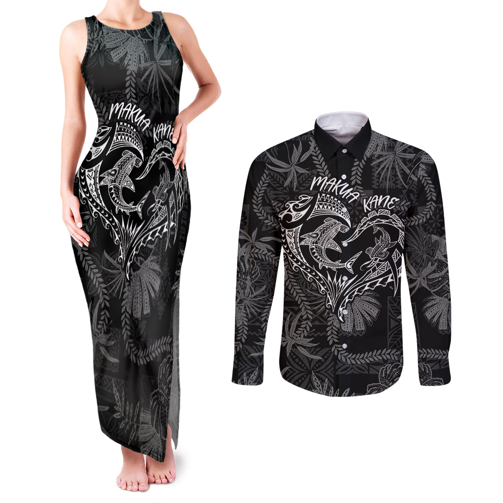 Hawaii Father's Day Vintage Lei Couples Matching Tank Maxi Dress and Long Sleeve Button Shirt Hauoli la Makuakane - Black LT7 Black - Polynesian Pride