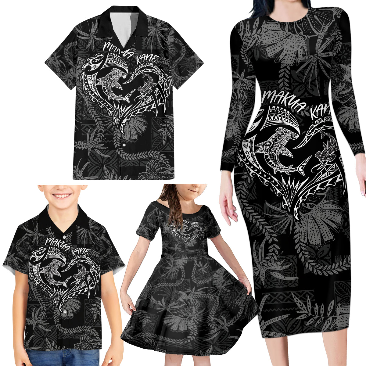 Hawaii Father's Day Vintage Lei Family Matching Long Sleeve Bodycon Dress and Hawaiian Shirt Hauoli la Makuakane - Black LT7 - Polynesian Pride