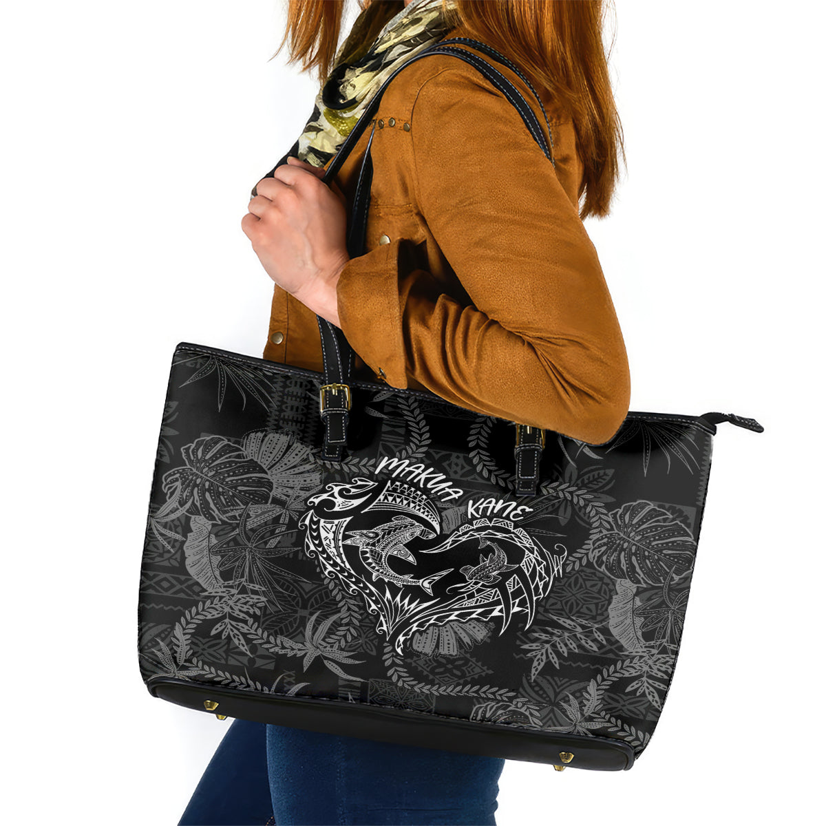 Hawaii Father's Day Vintage Lei Leather Tote Bag Hauoli la Makuakane - Black LT7 Black - Polynesian Pride
