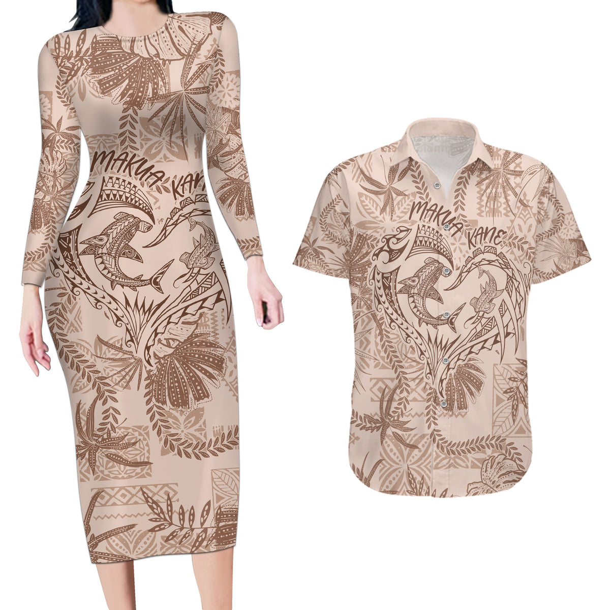 Hawaii Father's Day Vintage Lei Couples Matching Long Sleeve Bodycon Dress and Hawaiian Shirt Hauoli la Makuakane - Beige
