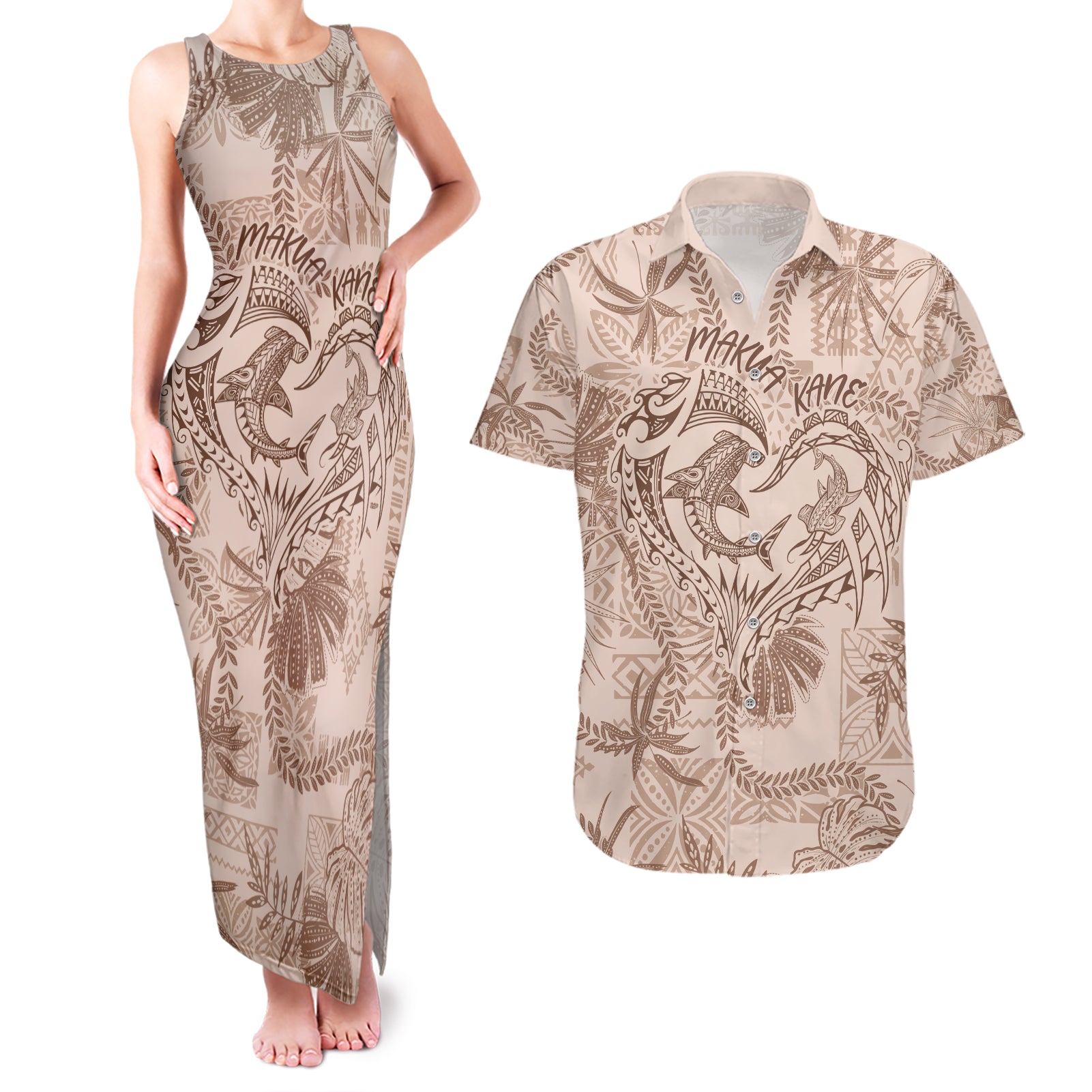 Hawaii Father's Day Vintage Lei Couples Matching Tank Maxi Dress and Hawaiian Shirt Hauoli la Makuakane - Beige