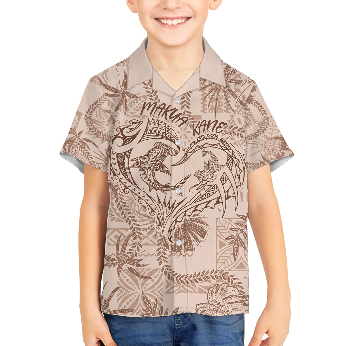 Hawaii Father's Day Vintage Lei Family Matching Off The Shoulder Long Sleeve Dress and Hawaiian Shirt Hauoli la Makuakane - Beige LT7 Son's Shirt Beige - Polynesian Pride