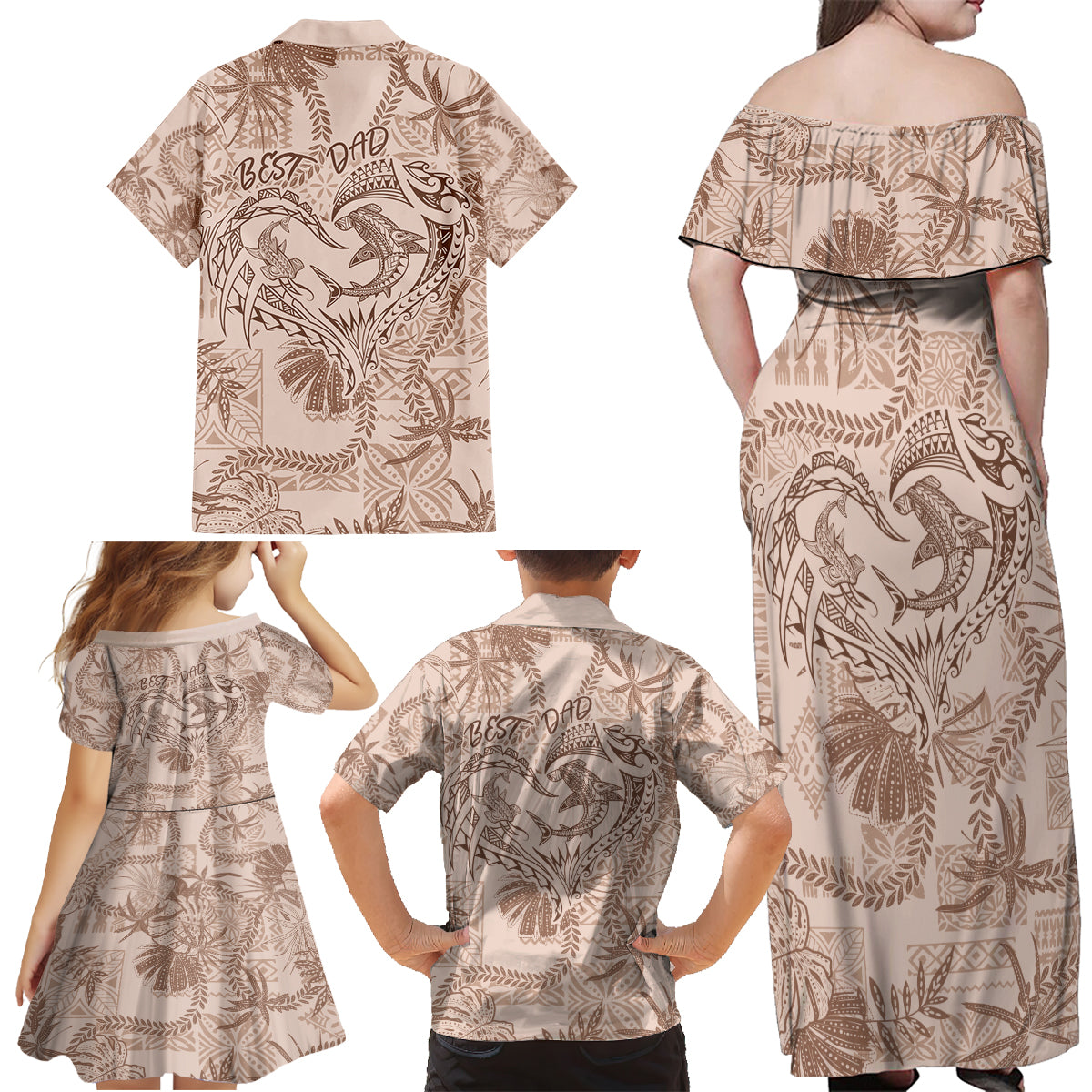 Hawaii Father's Day Vintage Lei Family Matching Off Shoulder Maxi Dress and Hawaiian Shirt Hauoli la Makuakane - Beige