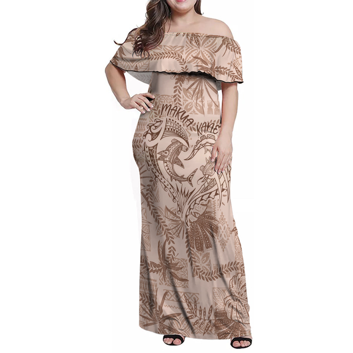 Hawaii Father's Day Vintage Lei Family Matching Off Shoulder Maxi Dress and Hawaiian Shirt Hauoli la Makuakane - Beige