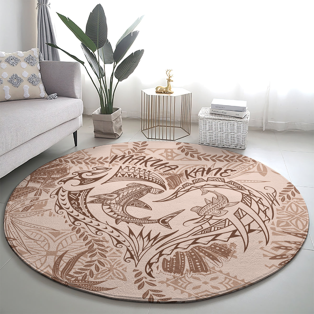 Hawaii Father's Day Vintage Lei Round Carpet Hauoli la Makuakane - Beige LT7 - Polynesian Pride