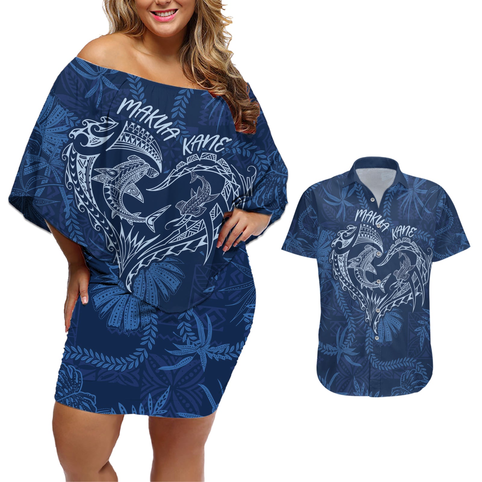 Hawaii Father's Day Vintage Lei Couples Matching Off Shoulder Short Dress and Hawaiian Shirt Hauoli la Makuakane - Blue