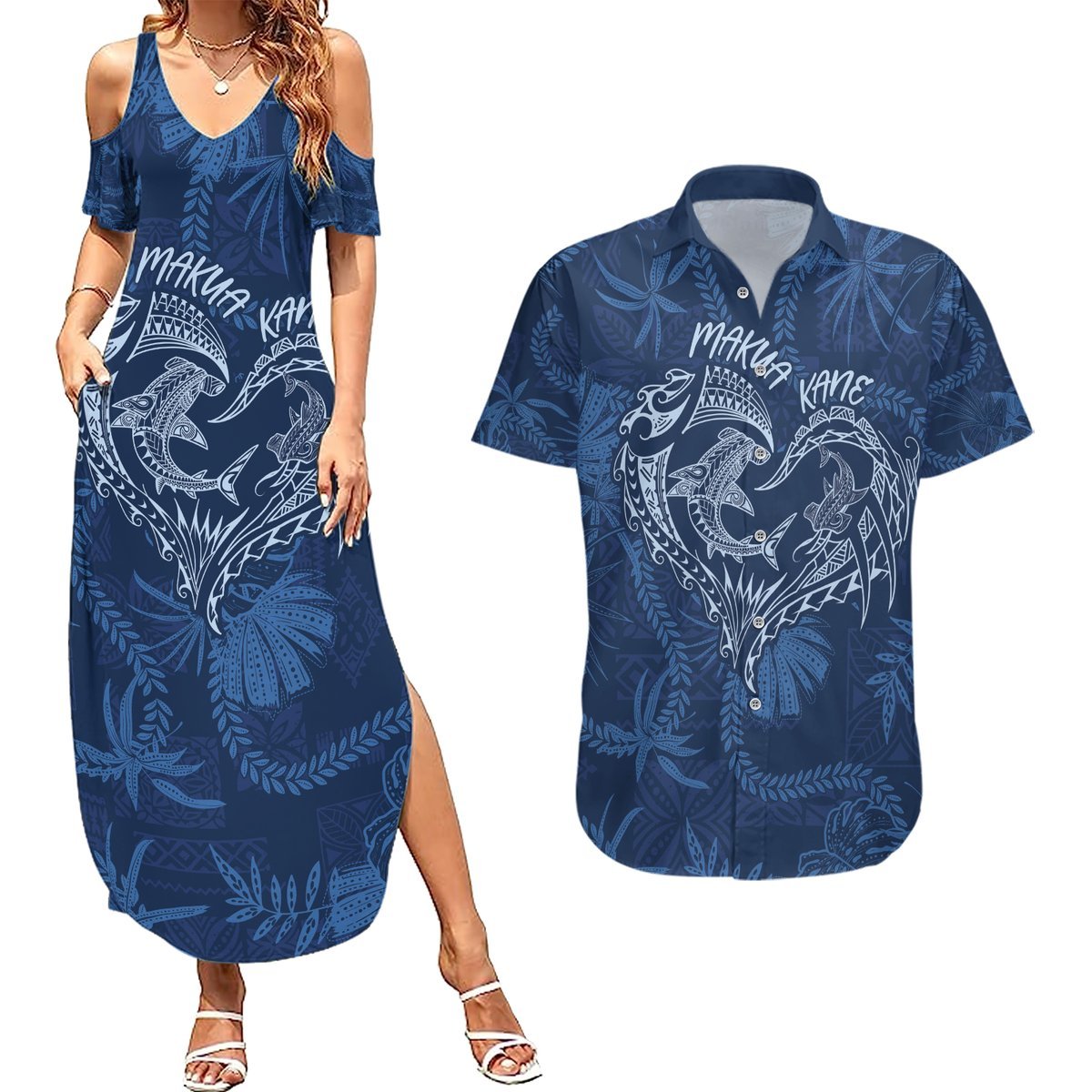 Hawaii Father's Day Vintage Lei Couples Matching Summer Maxi Dress and Hawaiian Shirt Hauoli la Makuakane - Blue LT7 Blue - Polynesian Pride