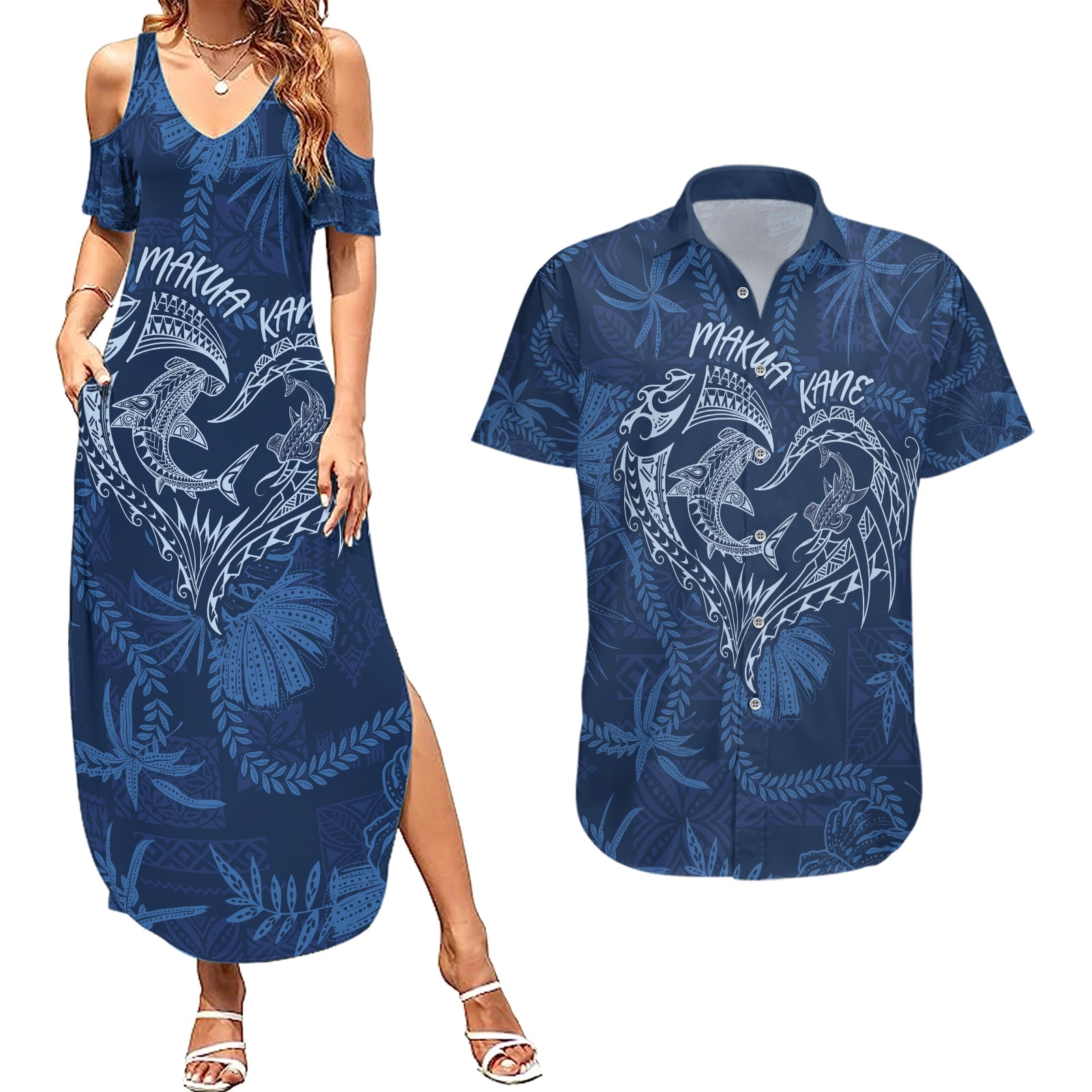 Hawaii Father's Day Vintage Lei Couples Matching Summer Maxi Dress and Hawaiian Shirt Hauoli la Makuakane - Blue