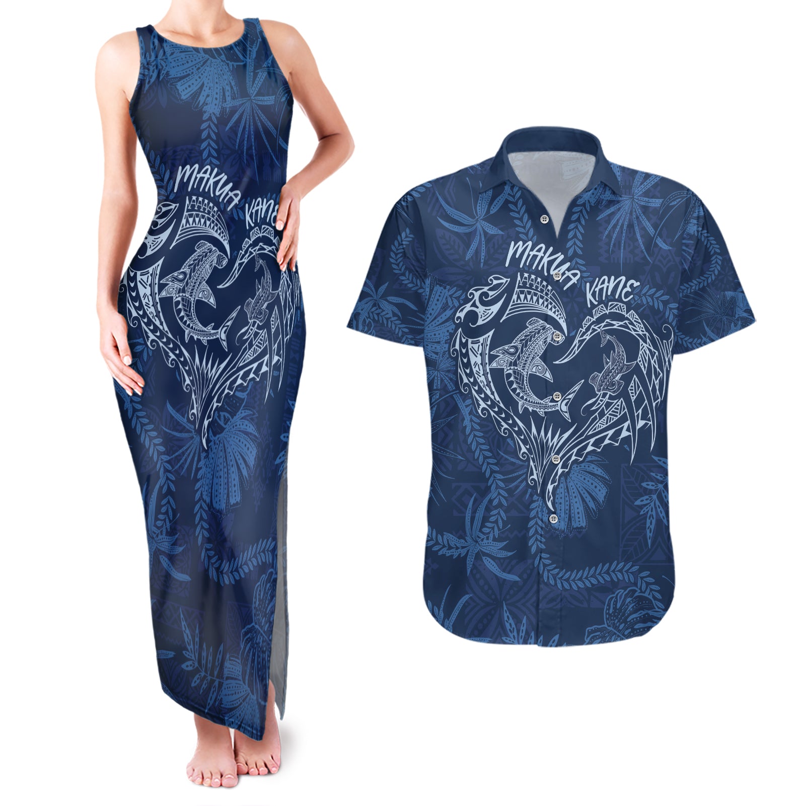 Hawaii Father's Day Vintage Lei Couples Matching Tank Maxi Dress and Hawaiian Shirt Hauoli la Makuakane - Blue