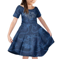Hawaii Father's Day Vintage Lei Family Matching Off Shoulder Short Dress and Hawaiian Shirt Hauoli la Makuakane - Blue LT7 Daughter's Dress Blue - Polynesian Pride