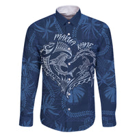 Hawaii Father's Day Vintage Lei Family Matching Off Shoulder Short Dress and Hawaiian Shirt Hauoli la Makuakane - Blue LT7 Dad's Shirt - Long Sleeve Blue - Polynesian Pride